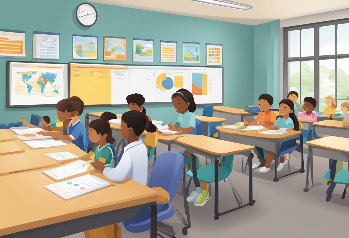 Assessment and Progress tracking: A classroom setting with students engaged in language assessment and progress tracking activities. Materials such as charts, graphs, and assessment tools are visible