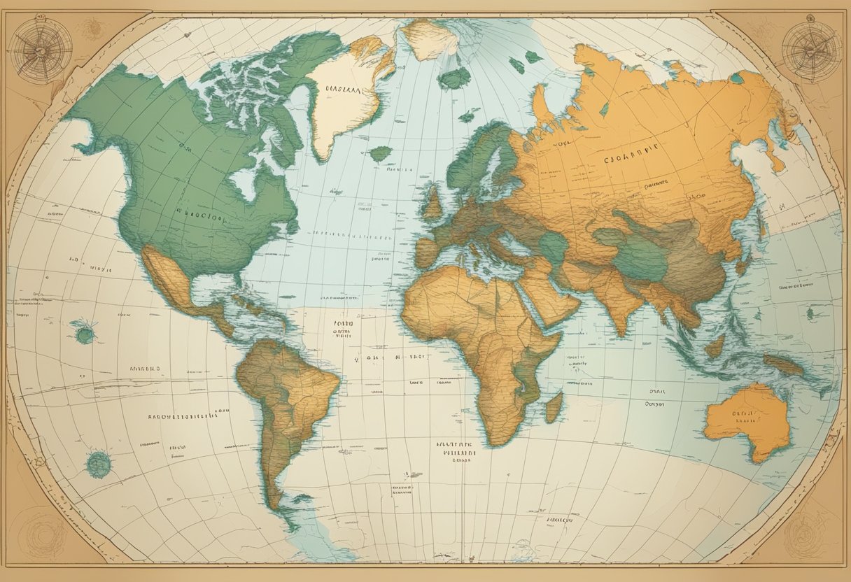 Geography Education: A map of the world with various geographical features such as mountains, rivers, and deserts. A globe and a compass are placed next to the map