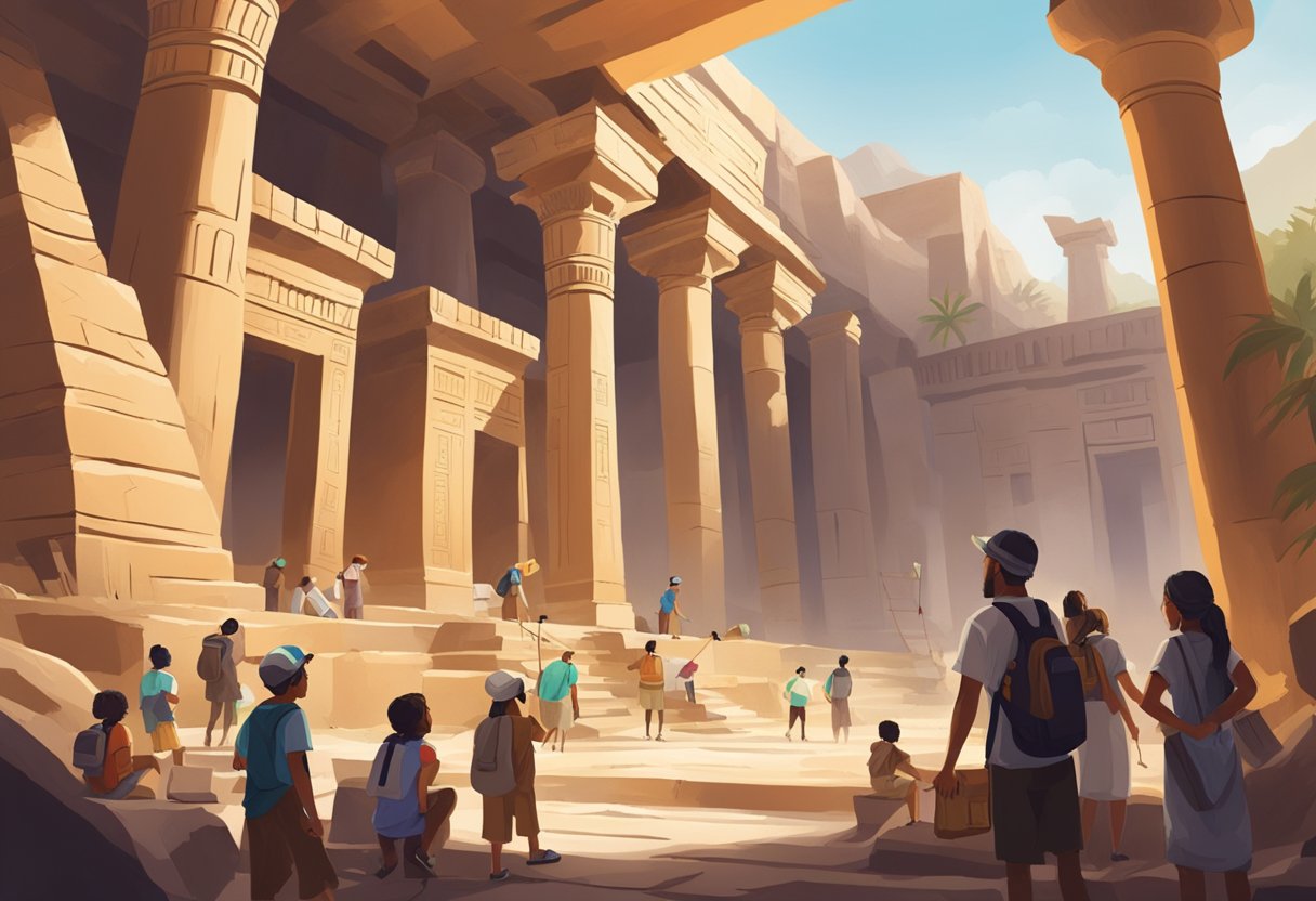 Real-Life Applications of Ancient History in Primary Education ancient history,History,Primary LearningMole ancient history: An ancient civilization's intricate architectural ruins are being explored by a group of young students, while others are examining artifacts and hieroglyphics