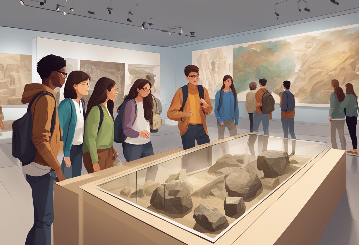 Ancient History Education: A group of students engage with interactive displays of ancient artifacts in a modern museum exhibit