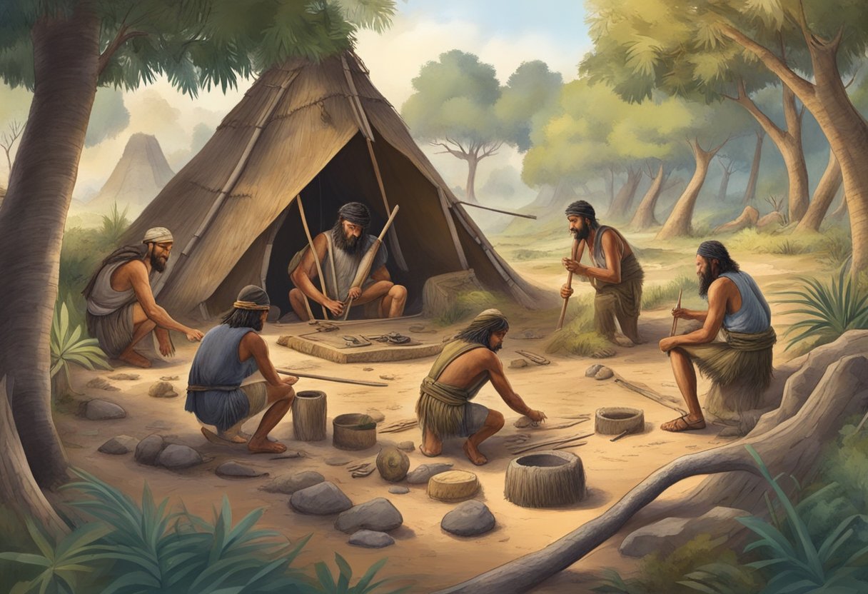 Real-Life Applications of Ancient History in Primary Education ancient history,History,Primary LearningMole ancient history: A group of early humans crafting tools and building primitive shelters in a prehistoric landscape