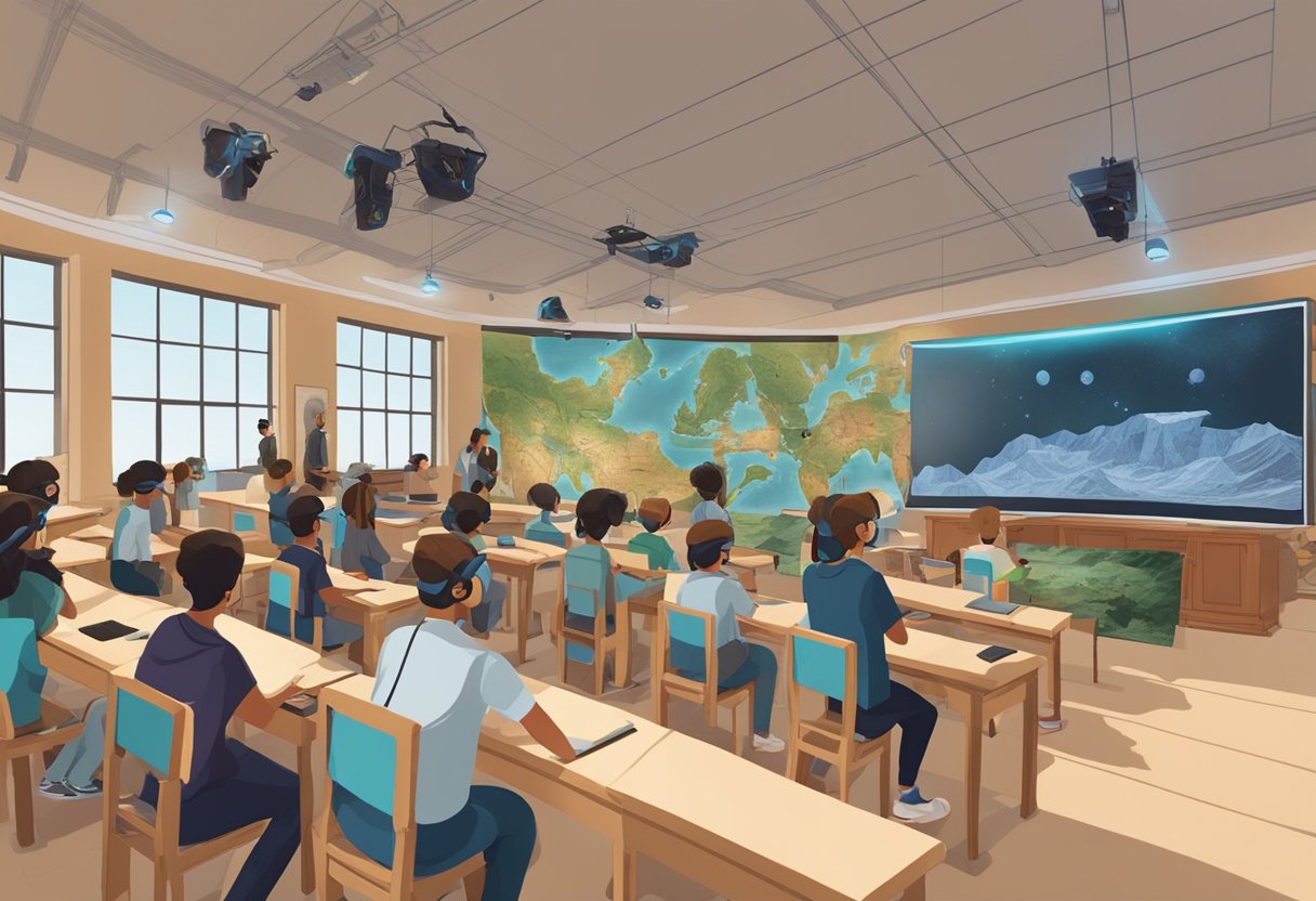 Ancient History Education: A classroom filled with students wearing VR headsets, exploring ancient history through interactive AR displays projected around the room