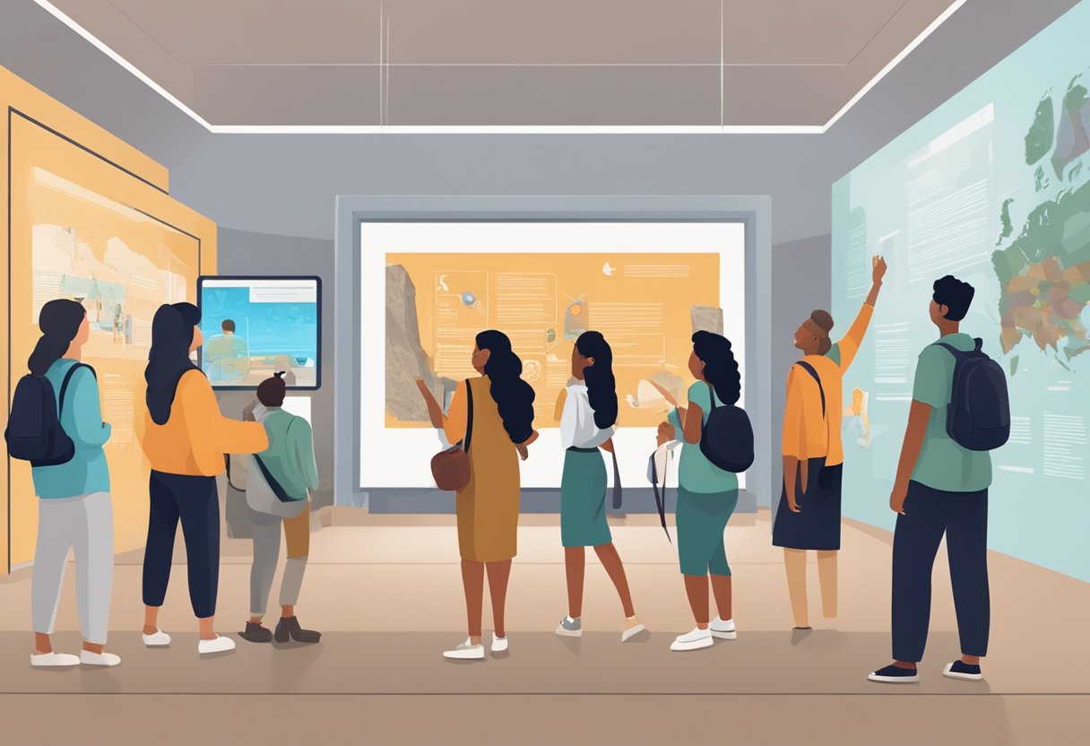Ancient History Education: A group of diverse learners engage with interactive displays and artifacts in a modern museum exhibit on ancient history