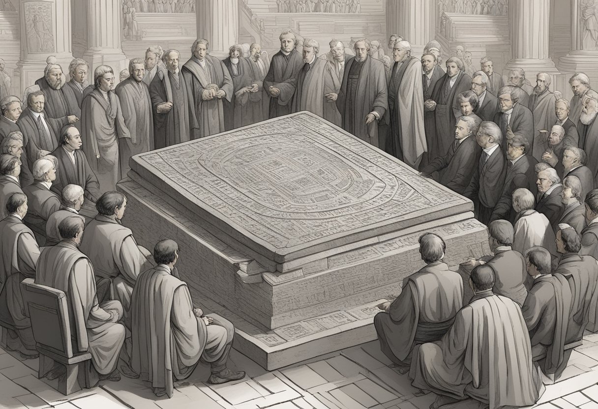 Real-Life Applications of Ancient History in Primary Education ancient history,History,Primary LearningMole Ancient History: A stone tablet with ancient laws carved into it, surrounded by a group of senators discussing governance