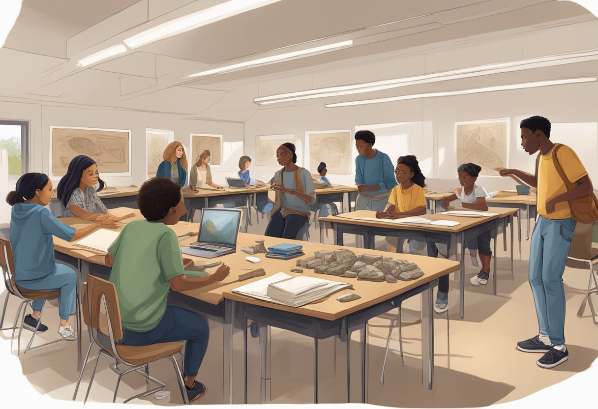 A group of diverse students engage in hands-on activities and discussions, surrounded by ancient artifacts and visual aids in a modern classroom setting