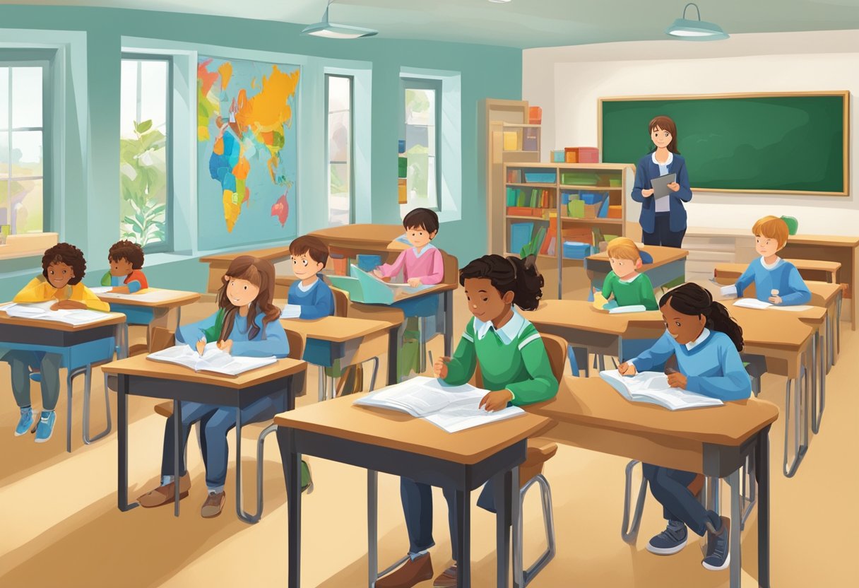 A classroom with students working on geography projects, maps and globes displayed, teacher guiding and supervising