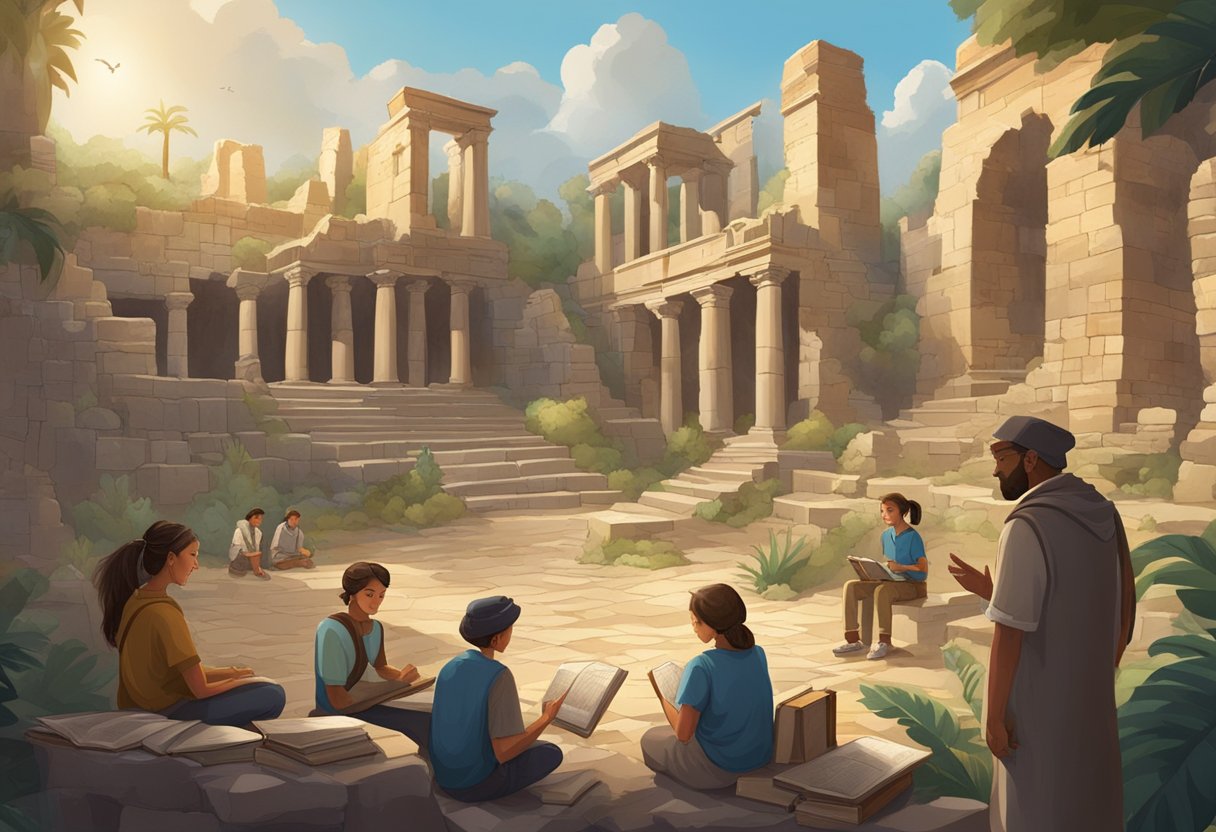 An ancient civilization's ruins surrounded by books, maps, and artifacts, with a group of students and a teacher discussing new trends in history education
