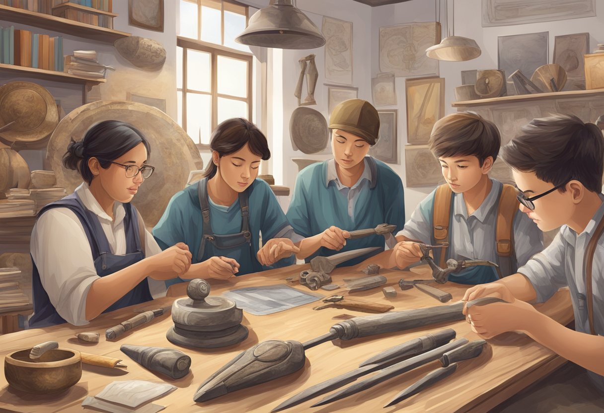 Real-Life Applications of Ancient History in Primary Education ancient history,History,Primary LearningMole Ancient History: A group of ancient artifacts and modern tools arranged side by side, with a teacher and students engaged in hands-on learning