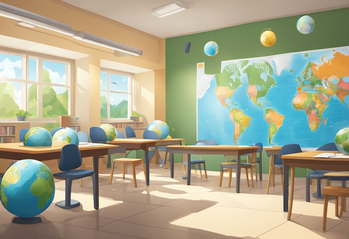 Geography projects: A classroom with maps, globes, and geography textbooks open on desks. Posters of different countries and landscapes cover the walls