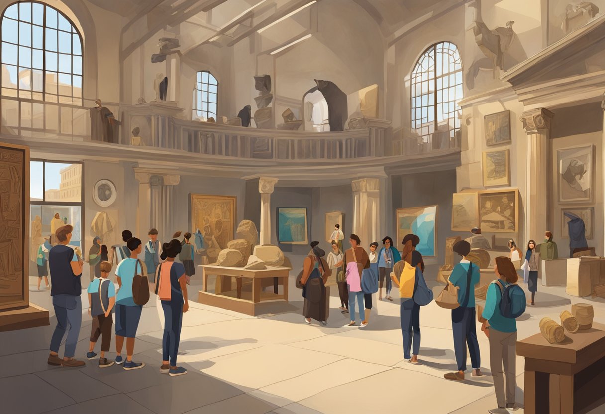 Ancient History Education: A group of students and teachers gather in a museum, surrounded by ancient artifacts and historical displays. They discuss new methods for educating and preserving heritage