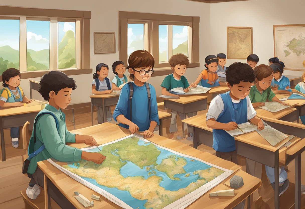 Real-Life Applications of Ancient History in Primary Education ancient history,History,Primary LearningMole A classroom with young students engaged in hands-on activities, exploring artifacts and maps related to ancient history