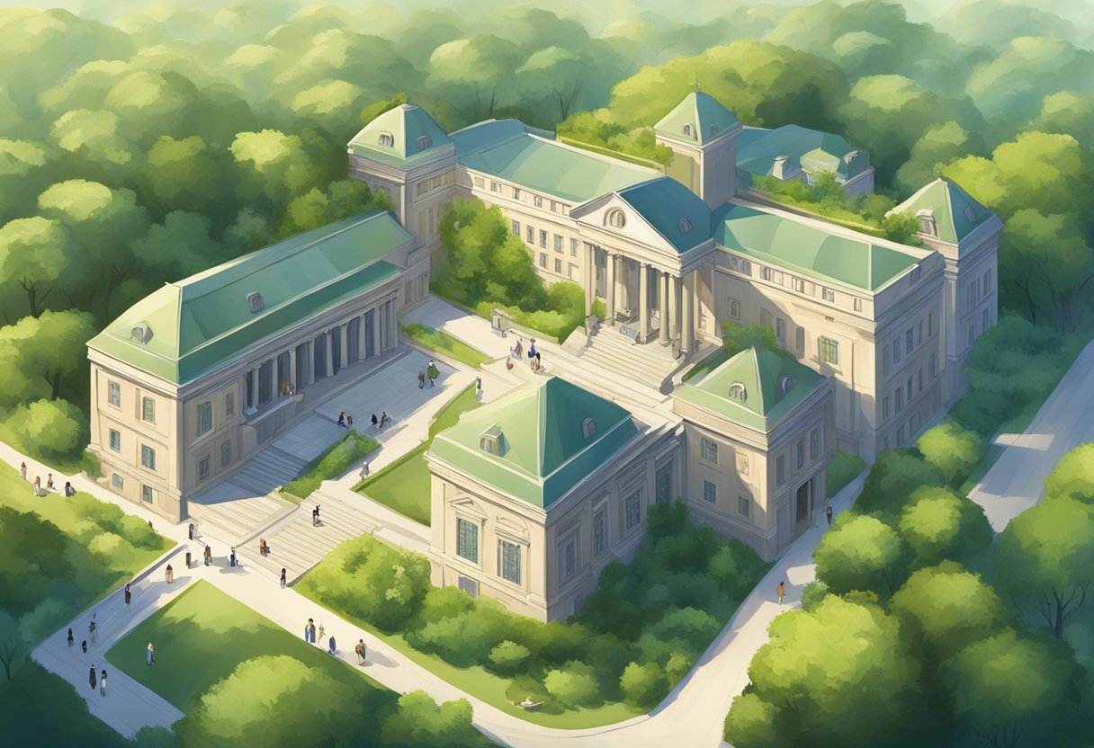 Ancient History Education: A group of academic buildings surrounded by lush greenery, with students and professors engaged in discussions and research on ancient history