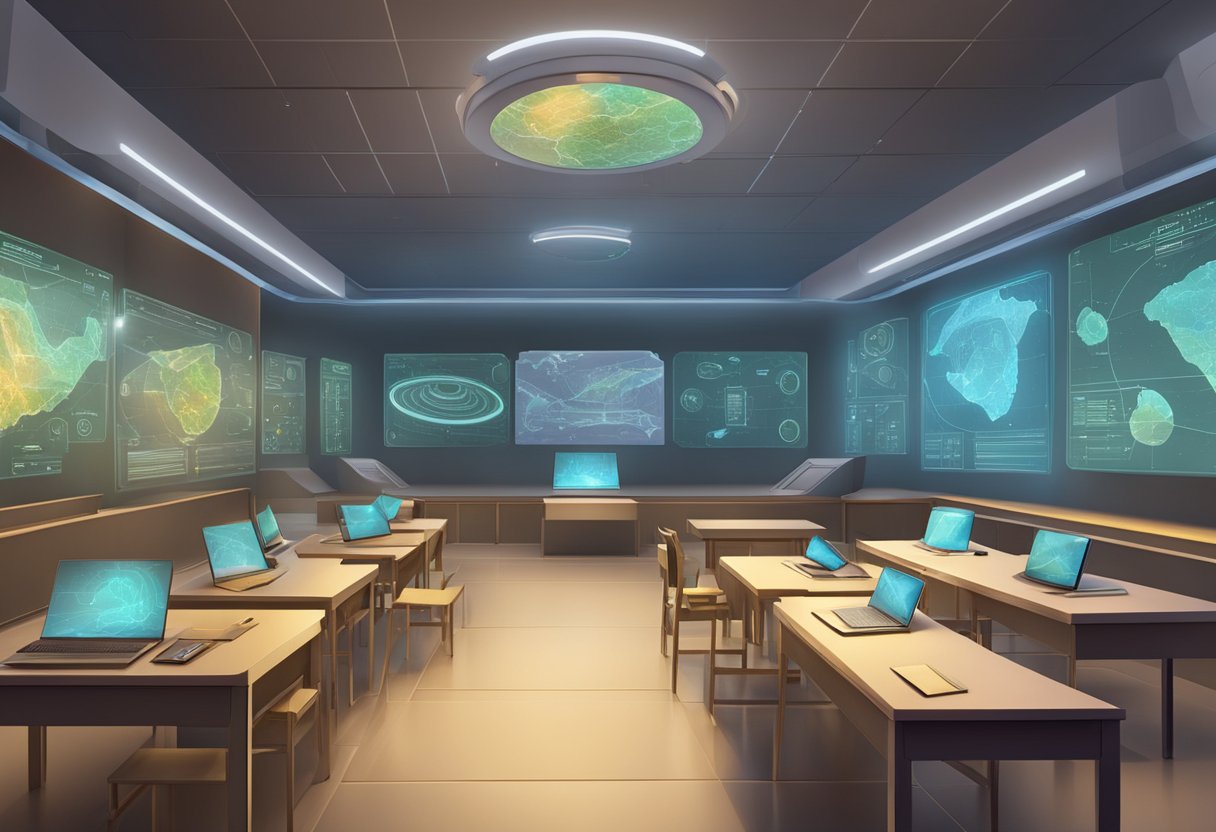 A futuristic classroom with holographic displays of ancient artifacts and interactive digital maps