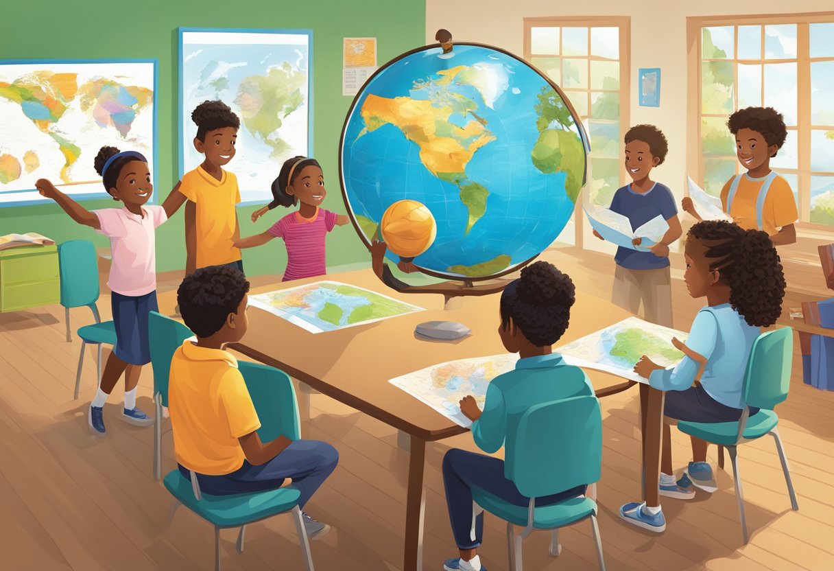 A diverse group of students engage in hands-on geography projects, exploring maps, globes, and cultural artifacts in a vibrant classroom setting