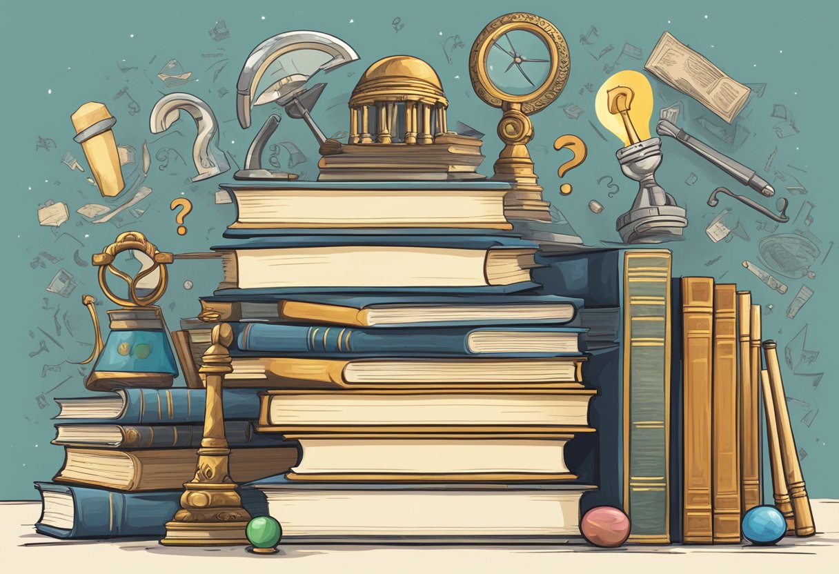 Ancient History Education: A stack of ancient history books surrounded by question marks and modern educational tools