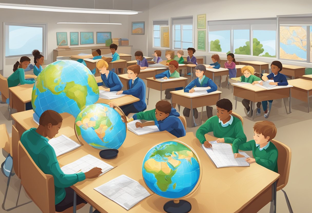 Geography projects: A classroom with students working on maps, globes, and geographical models