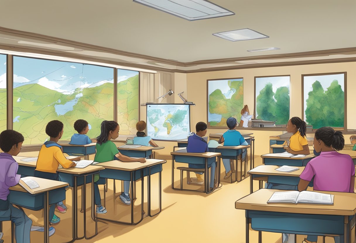 Geography projects: A classroom with students studying maps, weather charts, and models of climate phenomena