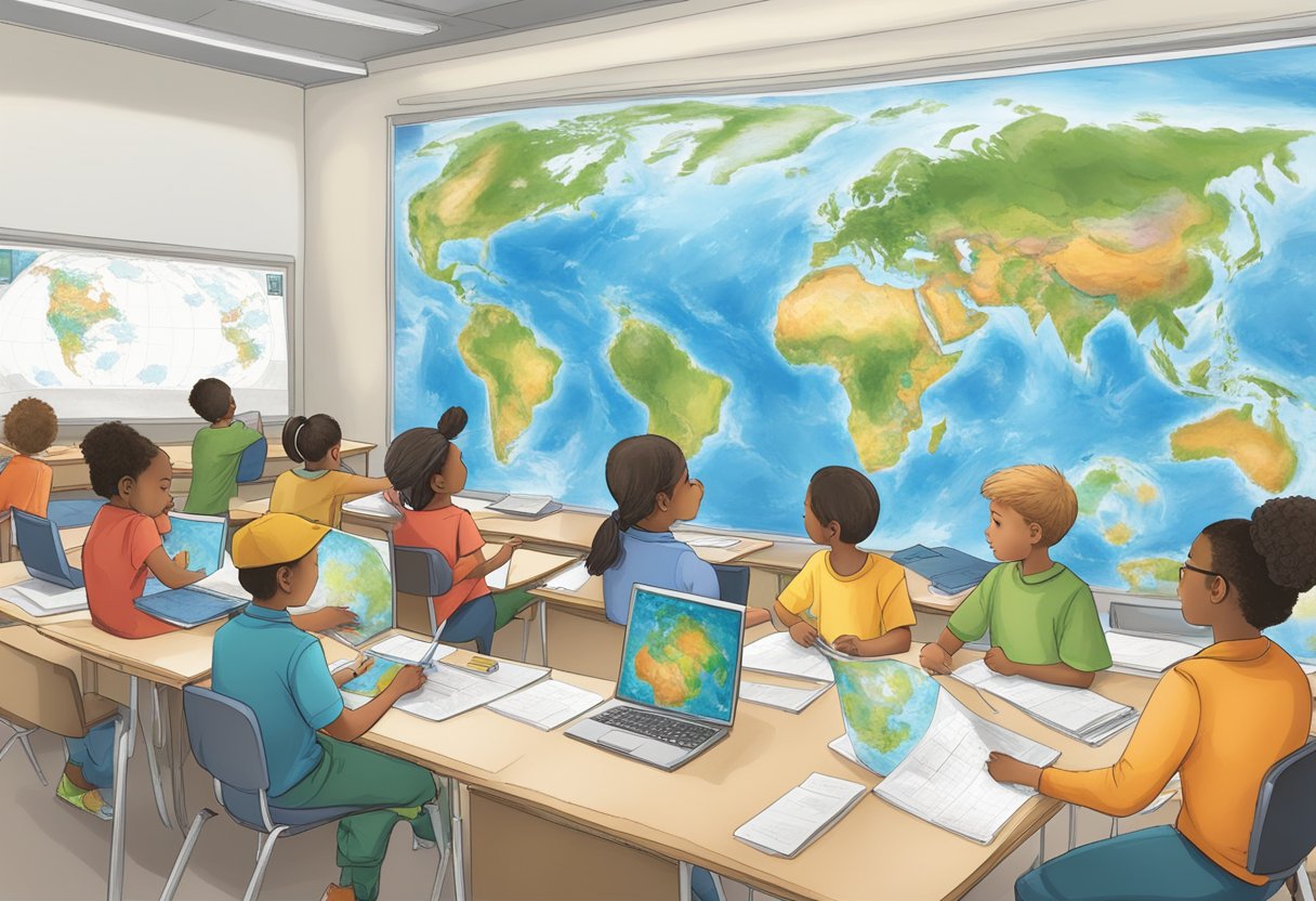 A classroom with students engaged in hands-on geography projects, using maps, globes, and technology to explore and analyze real-world geographic data