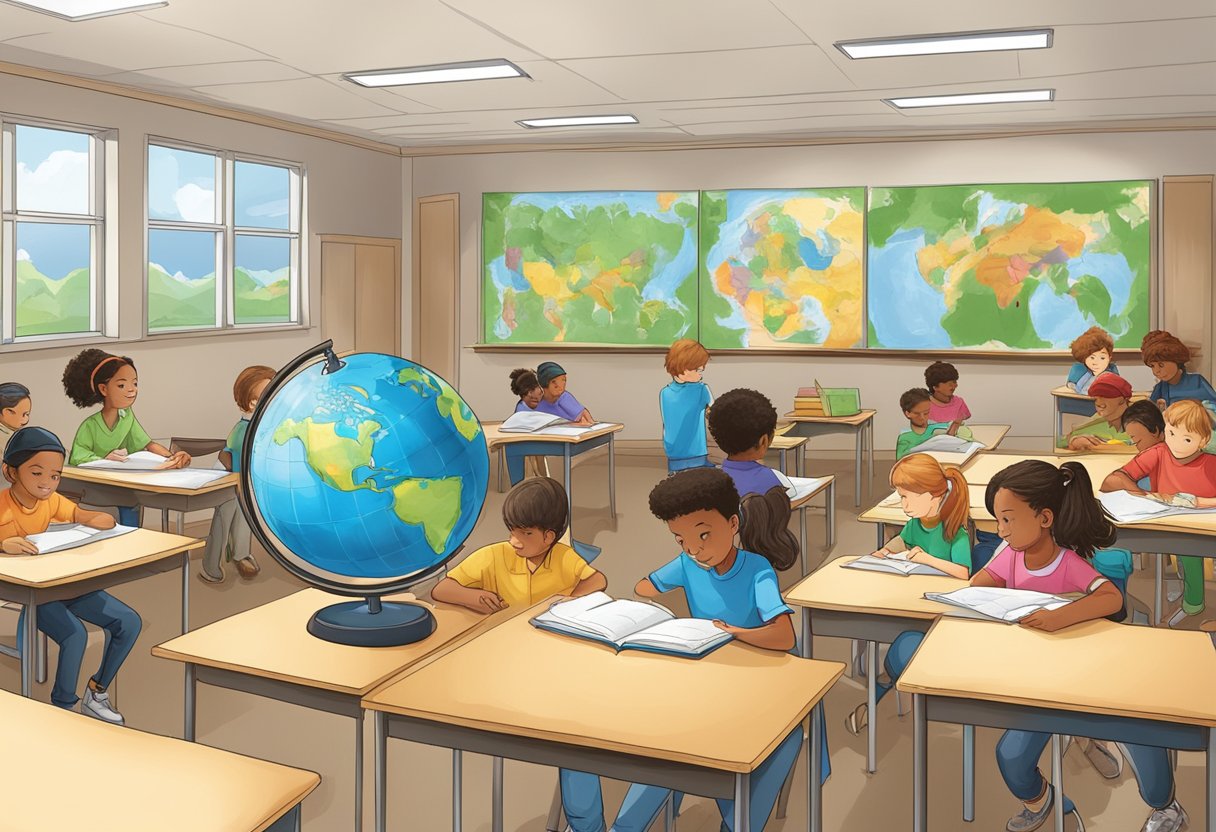 A classroom with students working on geography projects, maps, and globes