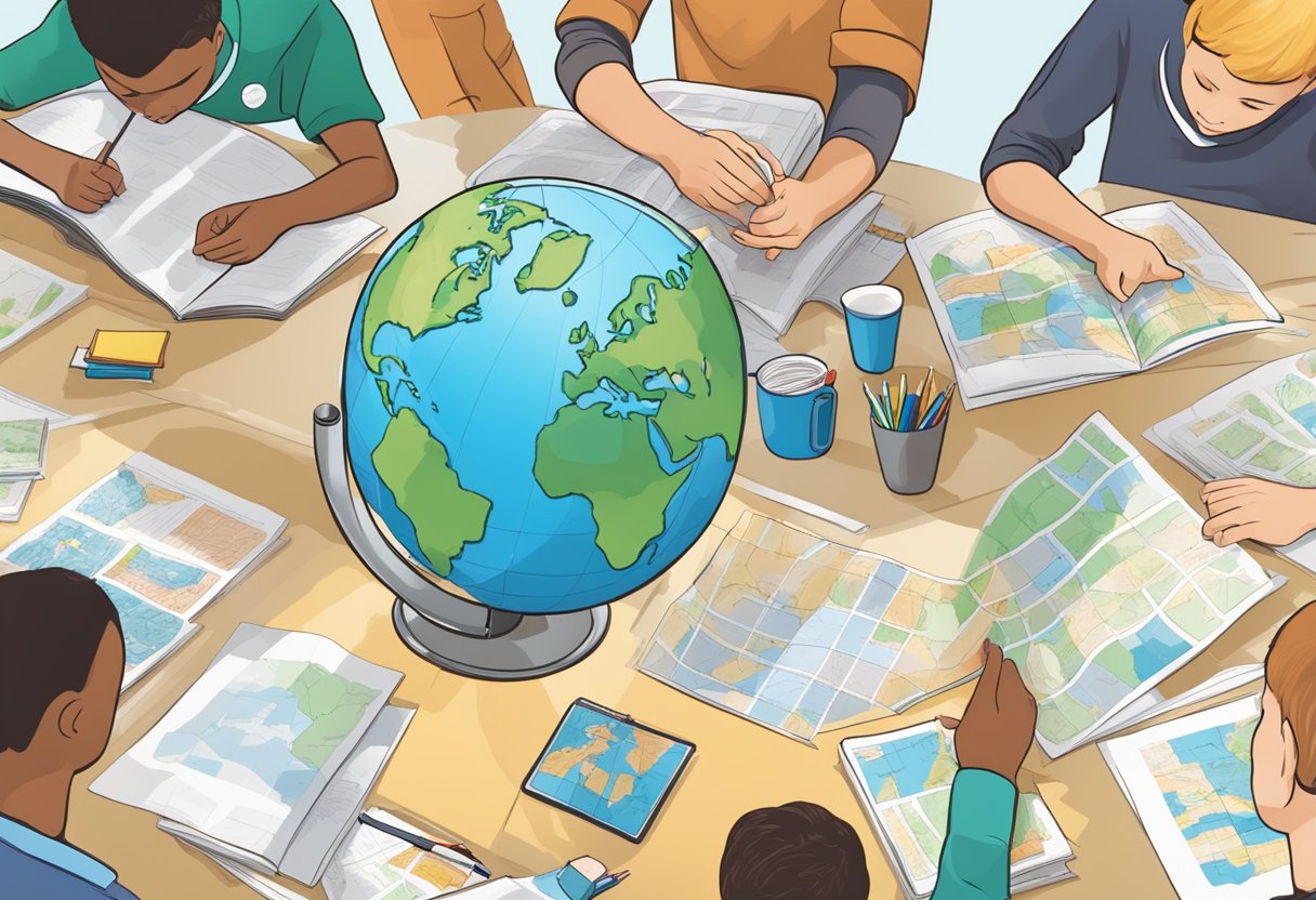 A classroom globe surrounded by maps, books, and educational materials, with students engaged in hands-on geography projects