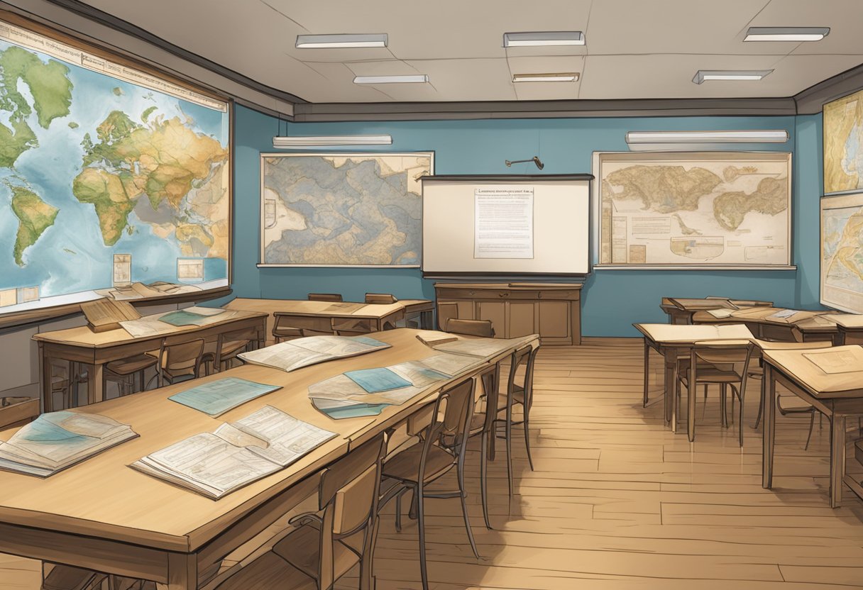 An ancient history classroom with maps, artifacts, and interactive displays. Students engage in cross-curricular activities, connecting history to literature and art