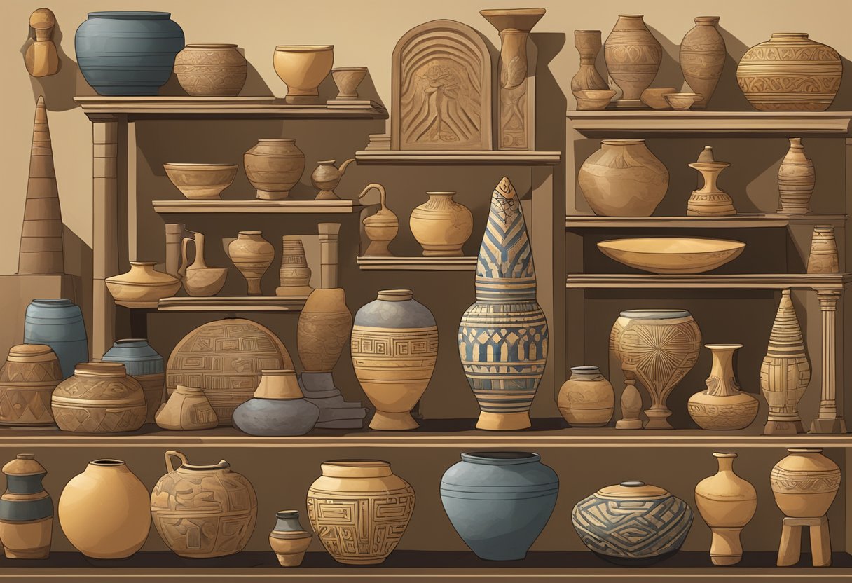Ancient history: A group of diverse ancient artifacts arranged in a museum exhibit, including pottery, sculptures, and hieroglyphics