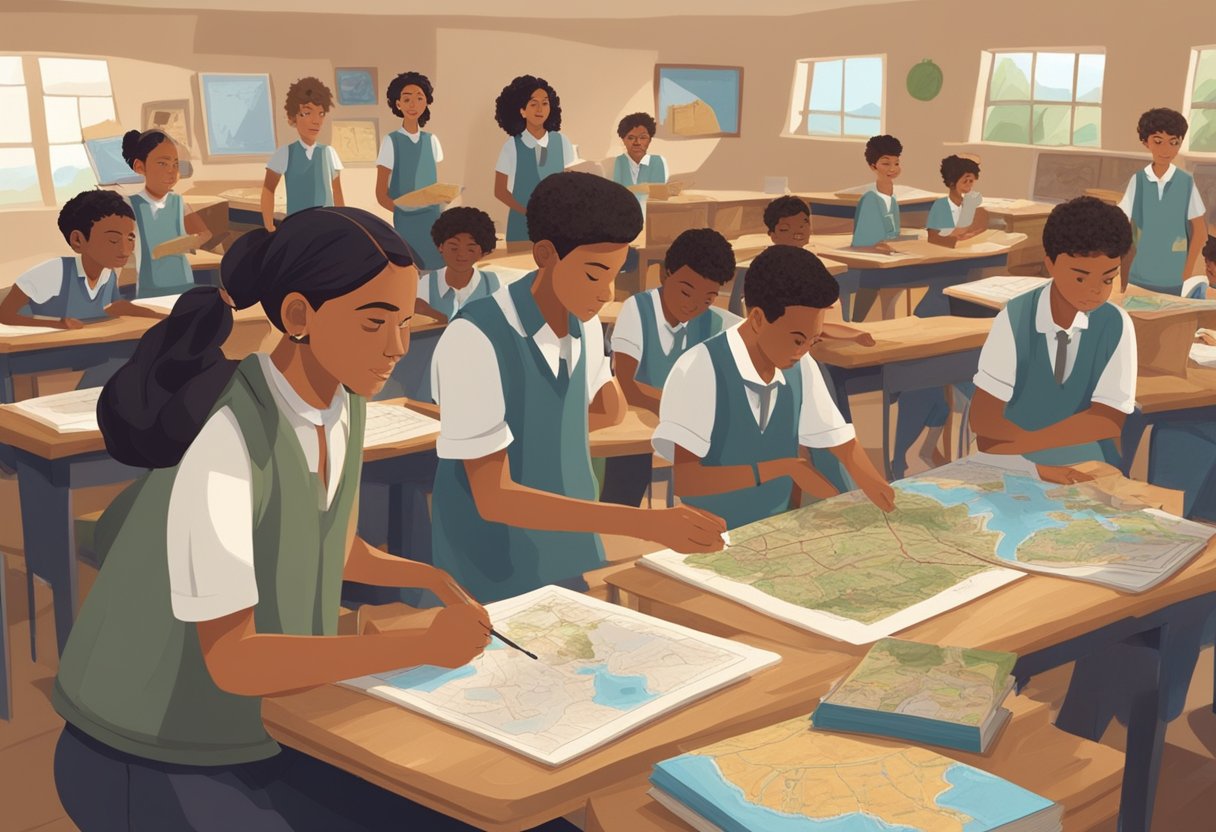 Ancient History Projects: Students in a classroom, creating dioramas and posters of ancient civilizations. Maps, artifacts, and books on desks. Teacher at the front, guiding the projects