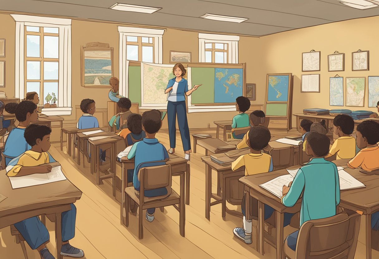 Ancient History Projects: A classroom filled with students, surrounded by historical artifacts and maps. A teacher stands at the front, engaging the students in an interactive lesson on ancient history