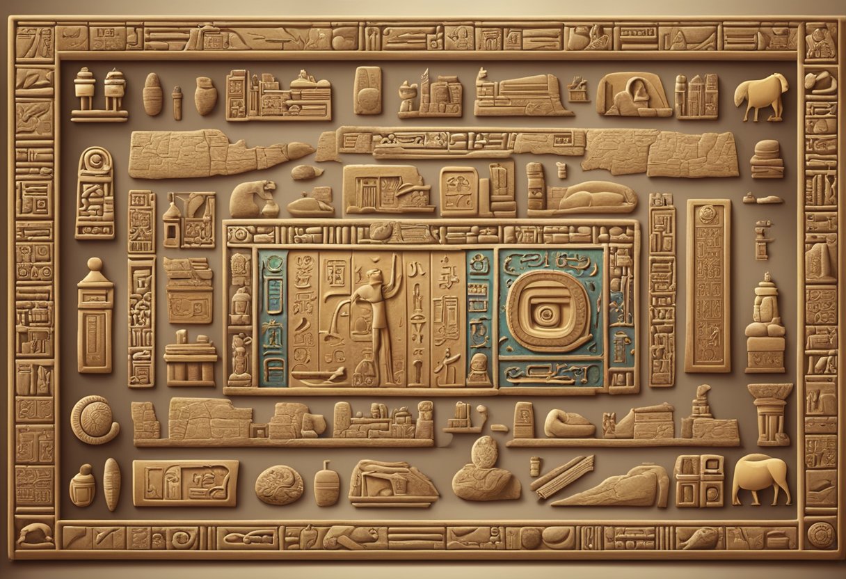 Ancient history: An ancient stone tablet with hieroglyphics surrounded by various educational artifacts and symbols from different ancient civilizations