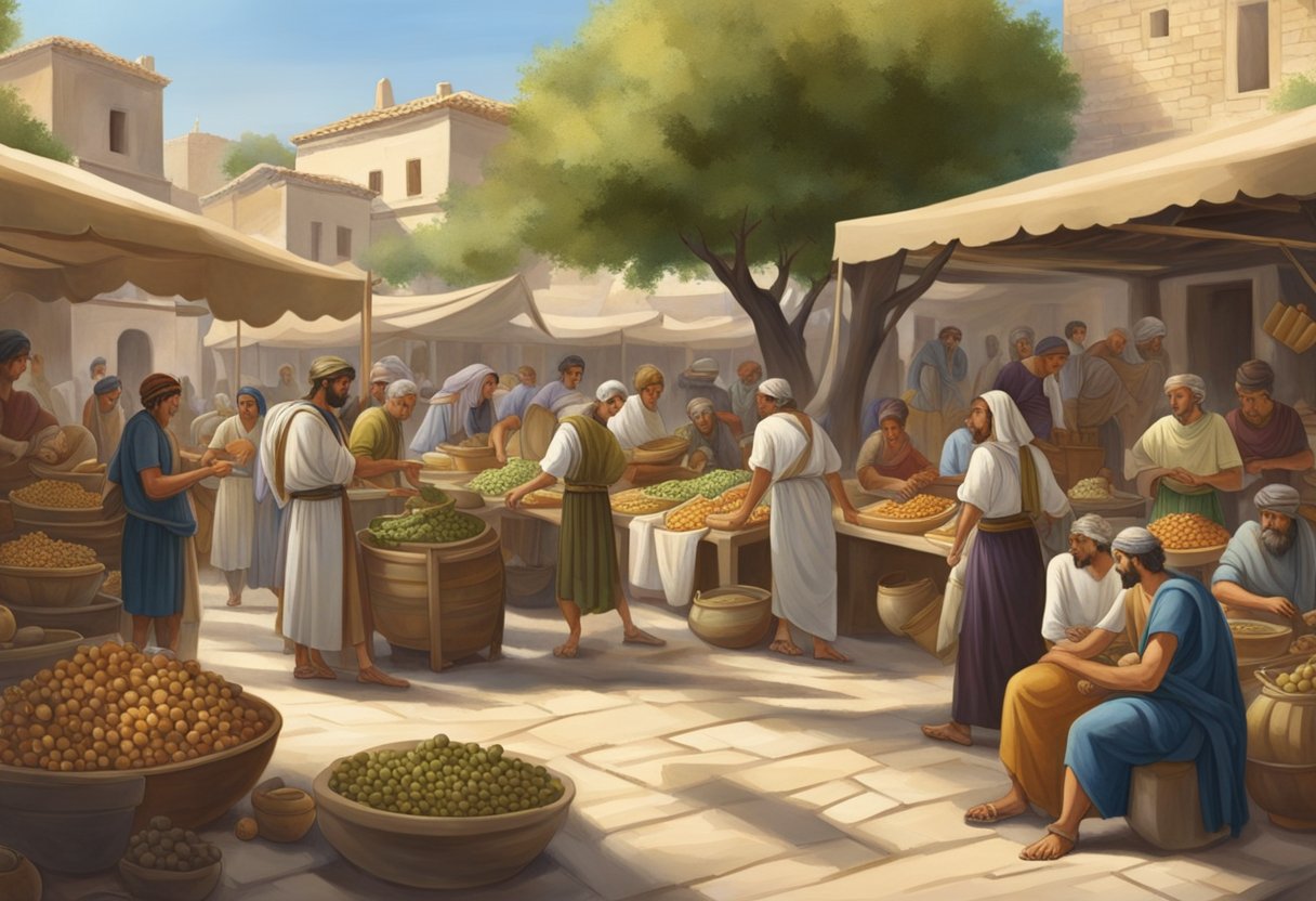 Ancient History Projects: A bustling marketplace in Ancient Greece, with merchants selling pottery, fruits, and textiles, while philosophers engage in lively debates under the shade of olive trees