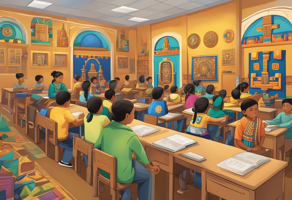 Ancient History Projects: A vibrant illustration of Aztec, Maya, and Inca architecture, symbols, and artifacts displayed in a classroom setting with engaged students and a knowledgeable teacher