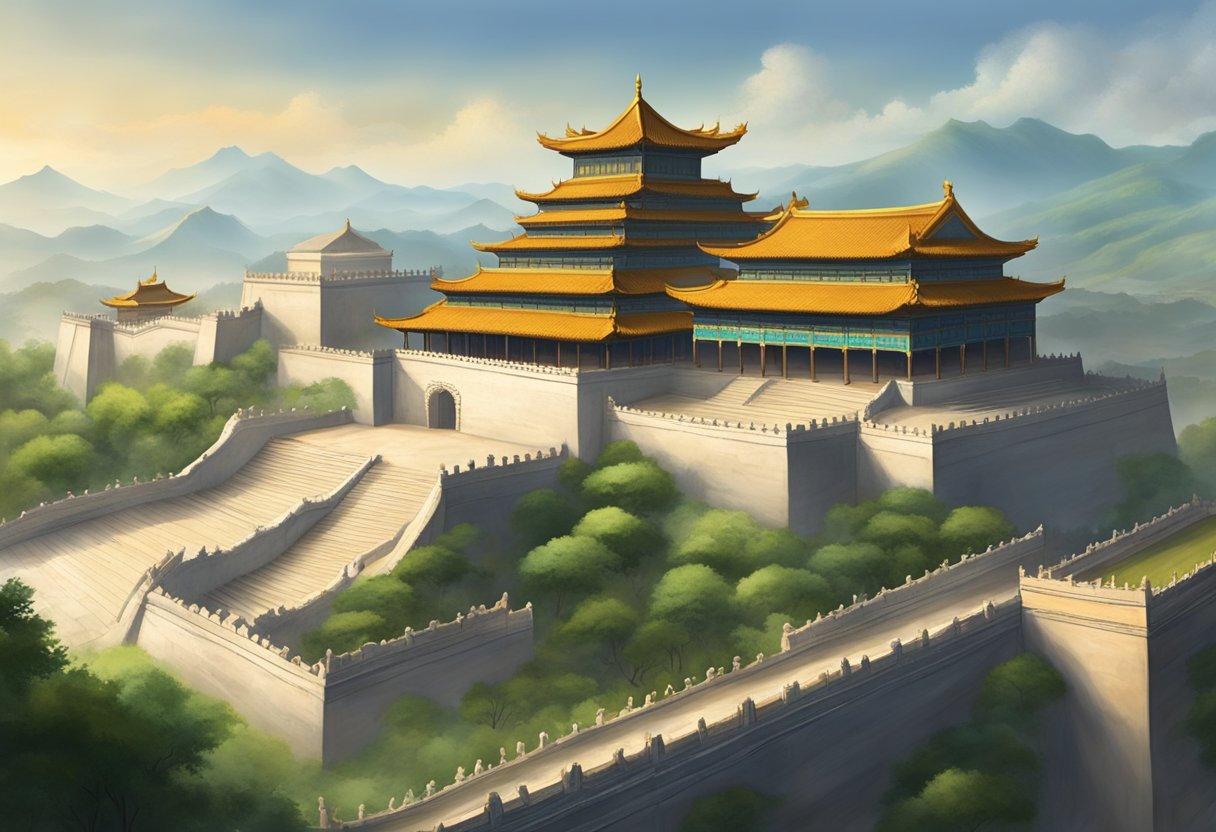 Ancient History Projects: A majestic Chinese dynasty palace with a grand wall stretching across the landscape, while Indian epic scenes unfold in the background