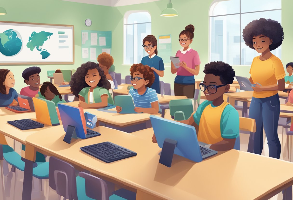 Citizenship: A group of diverse young learners engaging with interactive digital citizenship resources on tablets and computers in a classroom setting