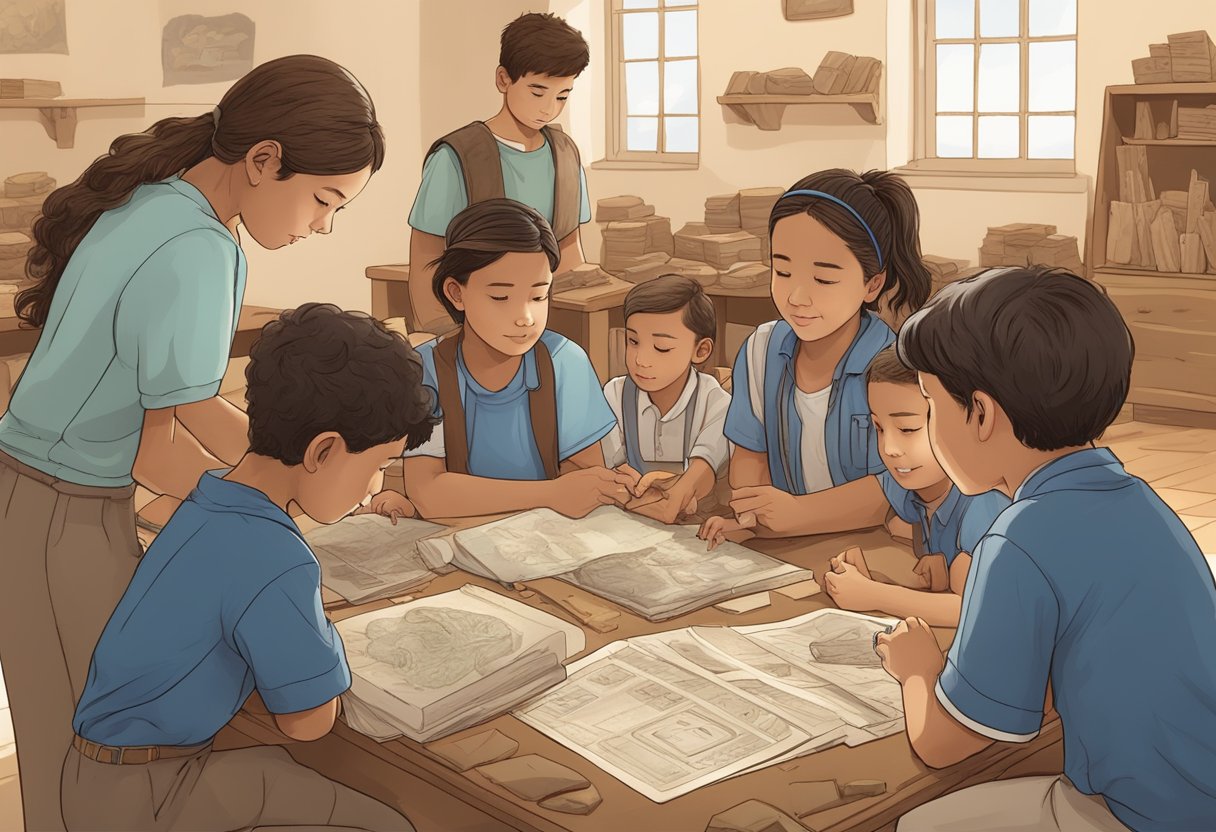 Ancient History Projects: A group of students engage in hands-on activities, exploring ancient artifacts and documents, while a teacher guides the lesson