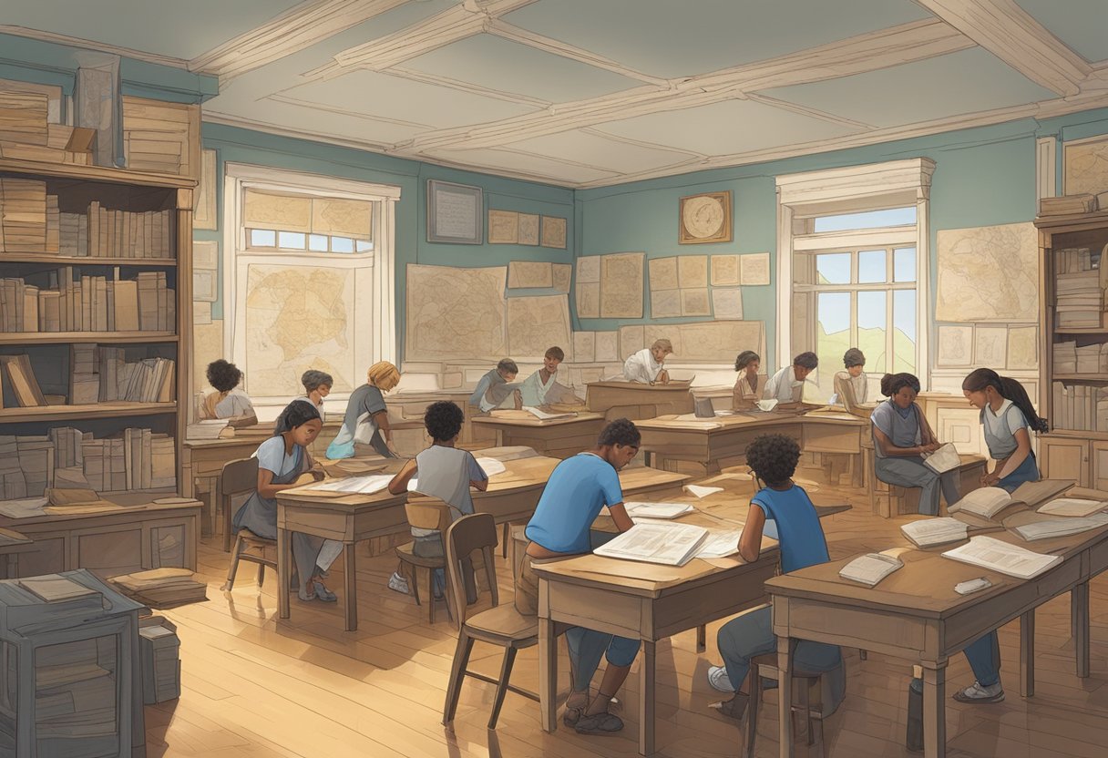 Ancient History Projects: A classroom setting with students engaged in hands-on projects related to ancient history, such as building models or conducting research. Maps, artifacts, and reference books are scattered around the room