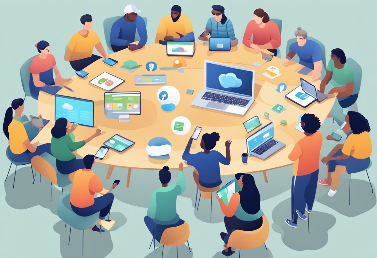 A group of diverse young learners gather around a digital device, interacting with various social media platforms and community building resources