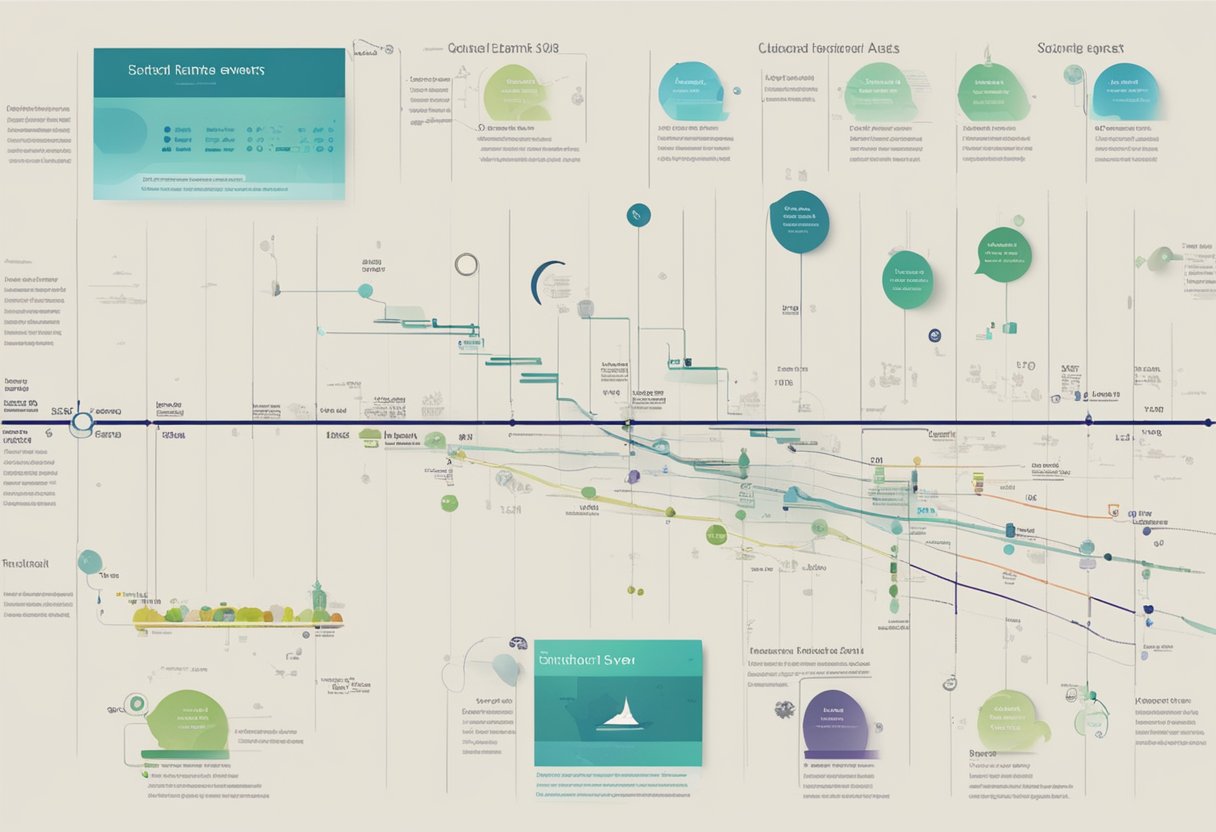 A timeline of historical events displayed on a digital screen with various data points and markers