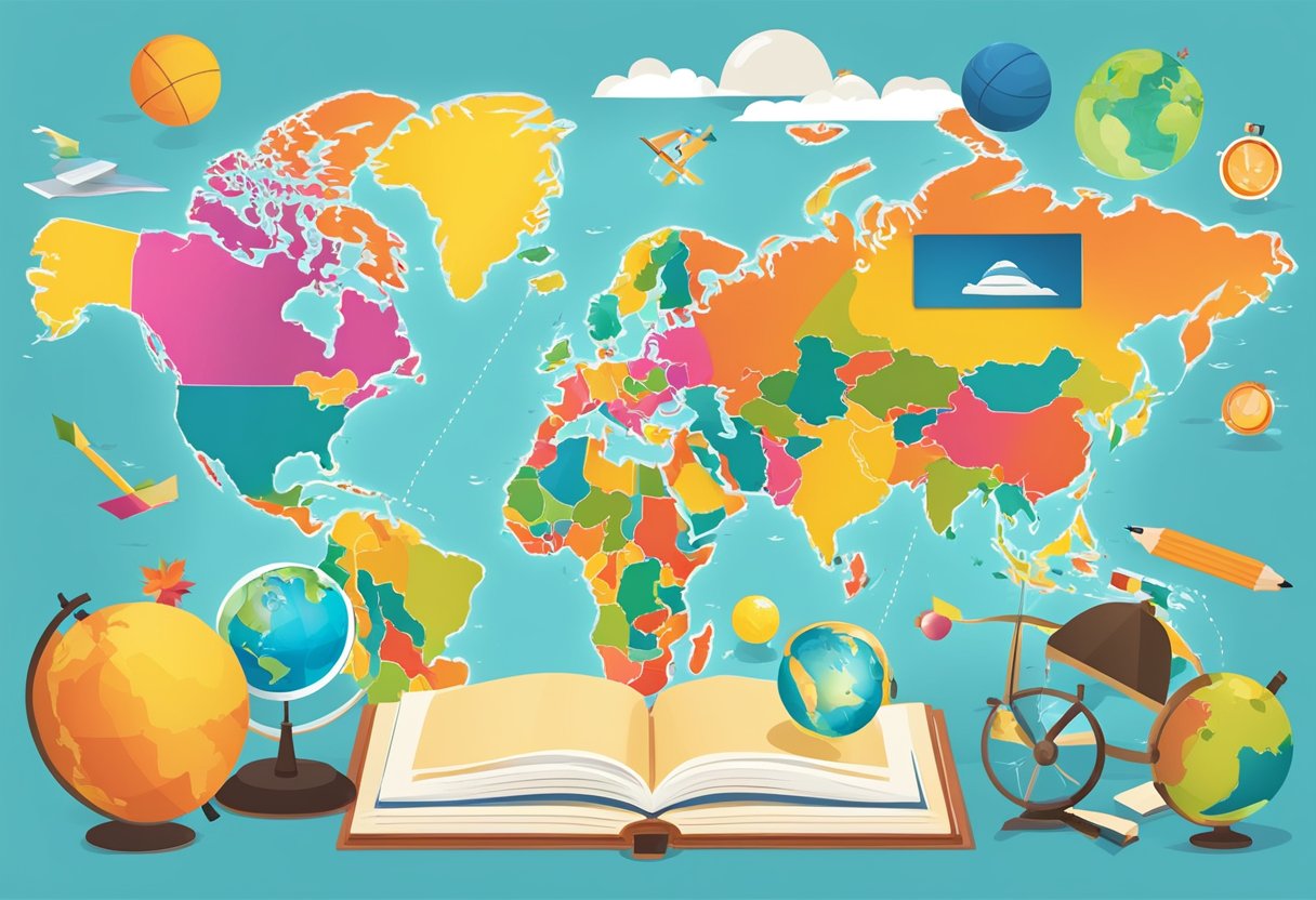 Geography Resources: A colorful map surrounded by globes, books, and educational tools