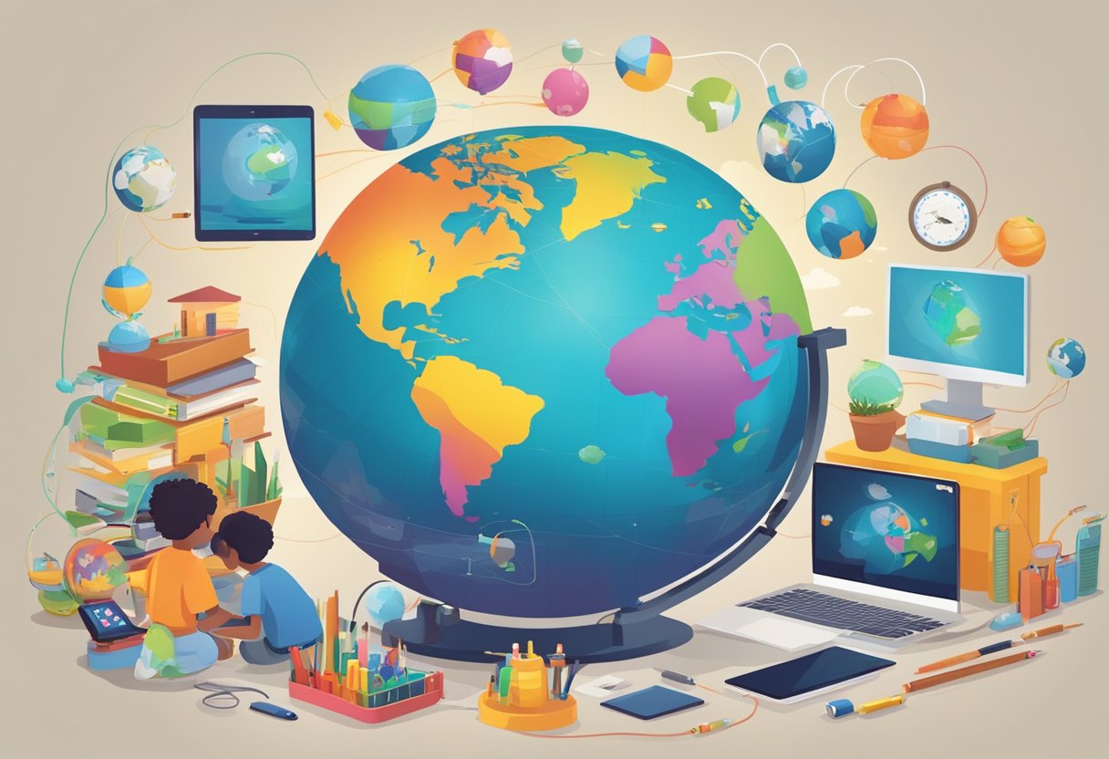 Geography Resources: A colorful globe surrounded by various electronic devices and interactive tools, with children eagerly exploring and learning about different countries and cultures