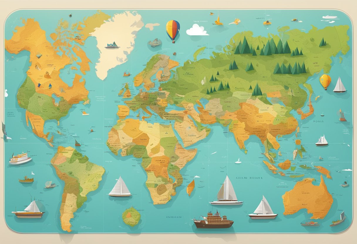 A colorful map of the world with interactive elements such as pull-out tabs, spinning dials, and pop-up landmarks