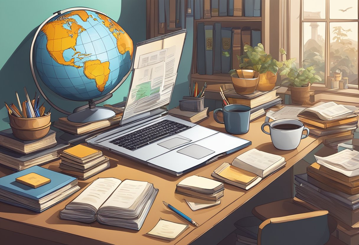 Studying Culture: Key Methods & Common Pitfalls studying culture,Cultural studies LearningMole A cluttered desk with open books, a laptop, and scattered notes. A globe and cultural artifacts decorate the space