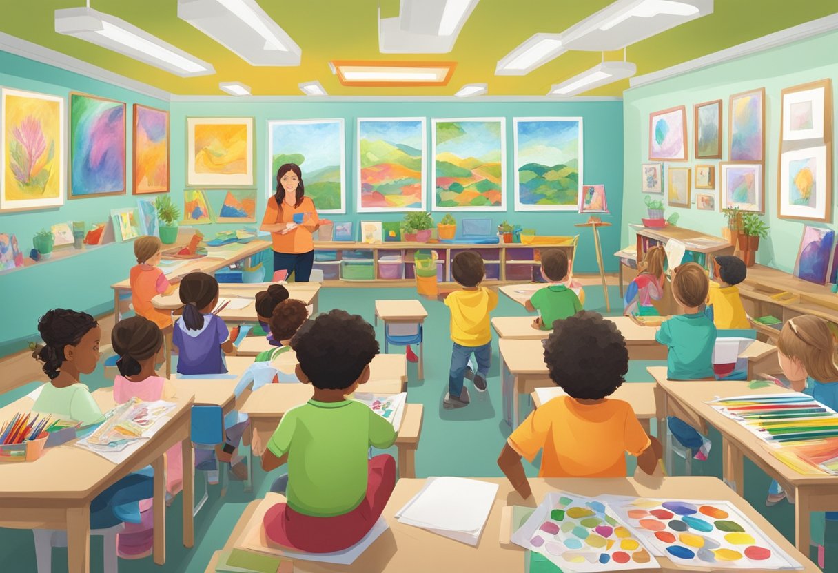 Arts and Craft: A classroom filled with colorful art supplies, children's artwork displayed on the walls, and a teacher leading a hands-on craft project