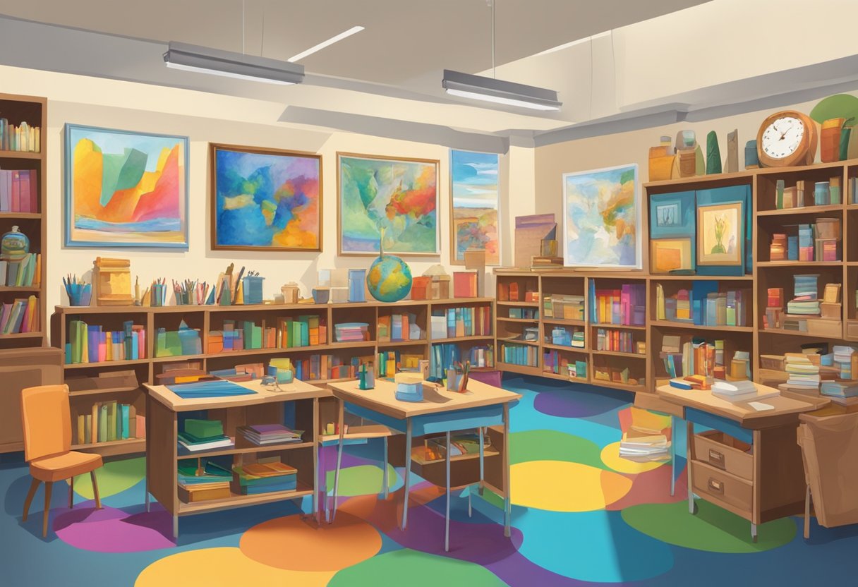 Advanced Art History Techniques for Upper Primary Classes: Making History Come Alive through Art Art history,artistic LearningMole Art history: A classroom with colorful art supplies, historical art pieces, and cultural artifacts displayed on shelves and walls