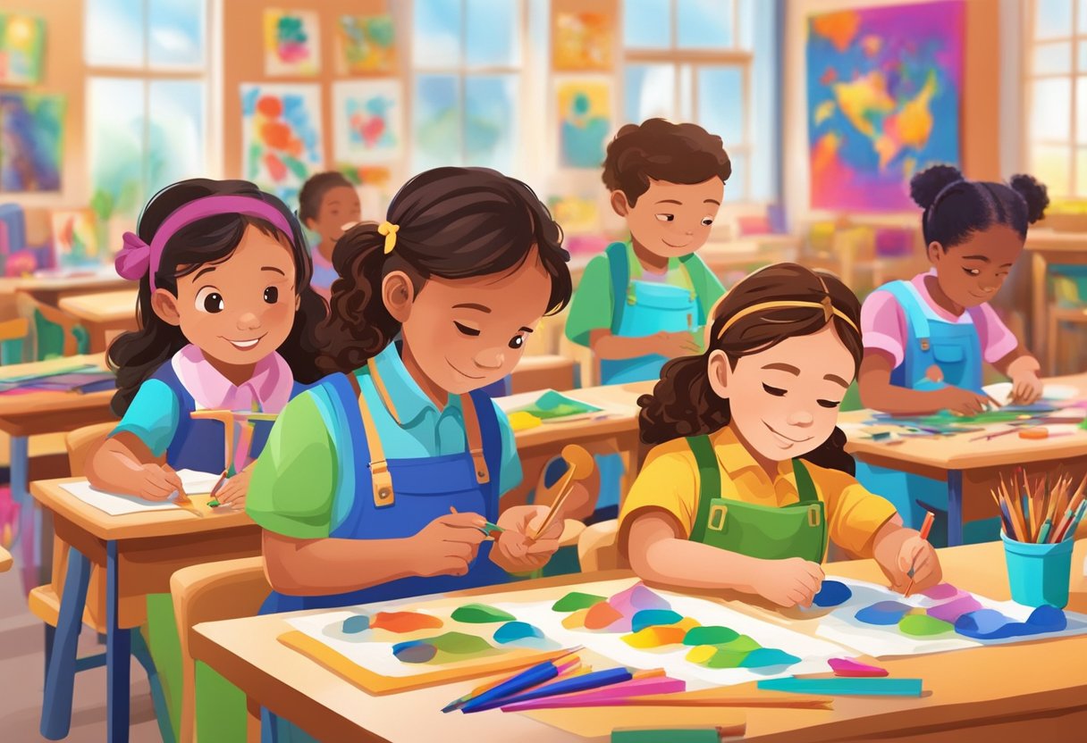 Arts and Craft: A group of primary school students are engaged in various visual arts and craft activities, such as painting, sculpting, and collage-making, in a colorful and vibrant classroom setting