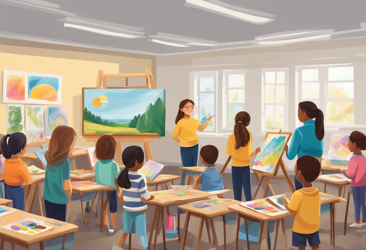 Advanced Art History Techniques for Upper Primary Classes: Making History Come Alive through Art Art history,artistic LearningMole Art history: A classroom filled with colorful art supplies, easels, and paintings. A teacher demonstrating advanced art techniques to engaged upper primary students