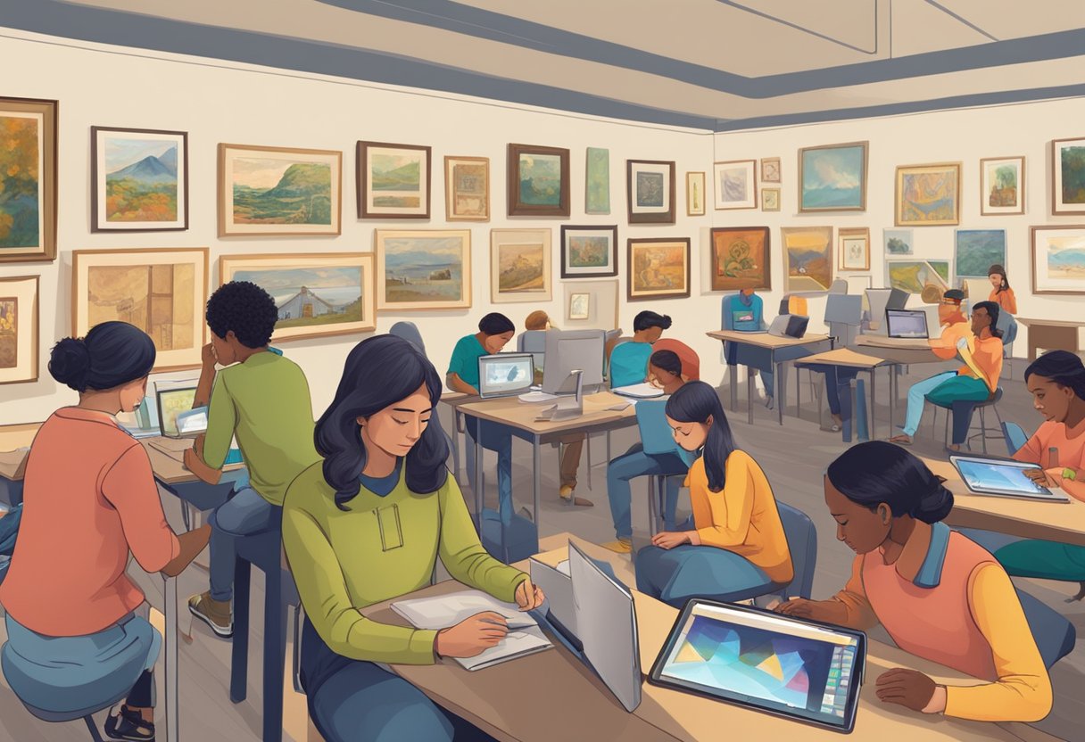 Advanced Art History Techniques for Upper Primary Classes: Making History Come Alive through Art Art history,artistic LearningMole Art history: A classroom setting with students using tablets and computers to explore advanced art history techniques, with various art supplies and examples of famous artworks displayed