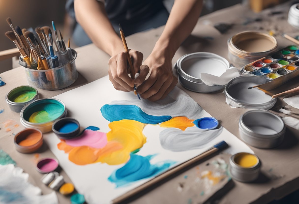 Drawing and painting: An artist's hand painting a canvas, surrounded by discarded paint tubes and brushes. A crumpled paper with sketches lies nearby