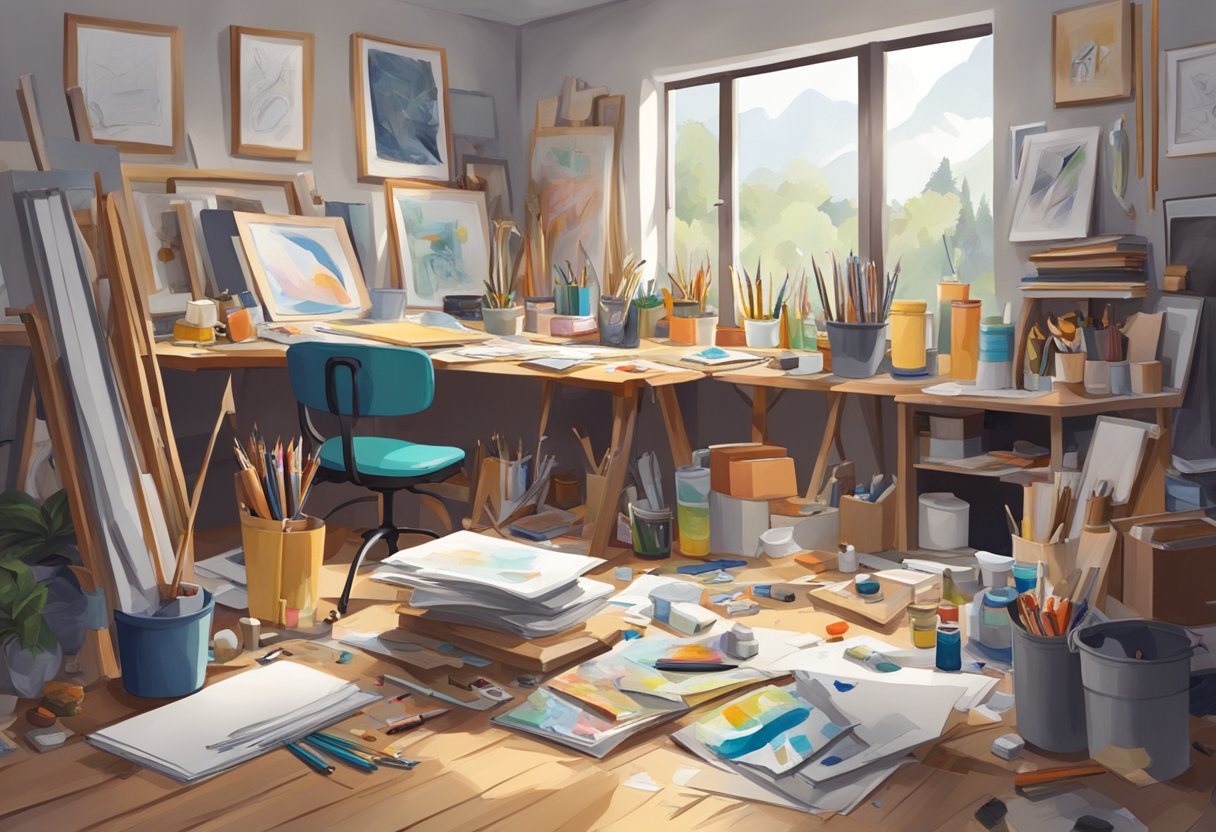 Drawing and painting: A cluttered art studio with various drawing and painting supplies scattered around, featuring unfinished artworks and reference materials