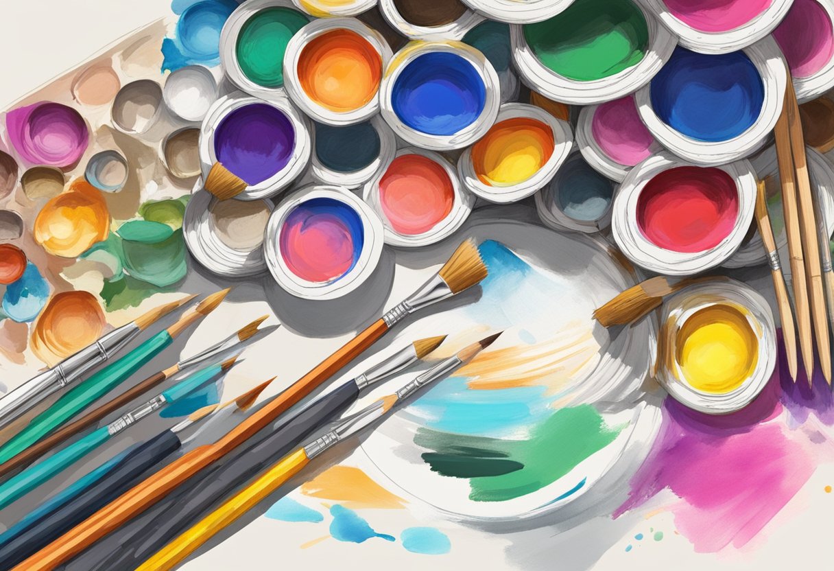 Drawing and painting: A colorful palette of paintbrushes, pencils, and paint tubes arranged on a desk next to a sketchbook filled with vibrant drawings of various subjects