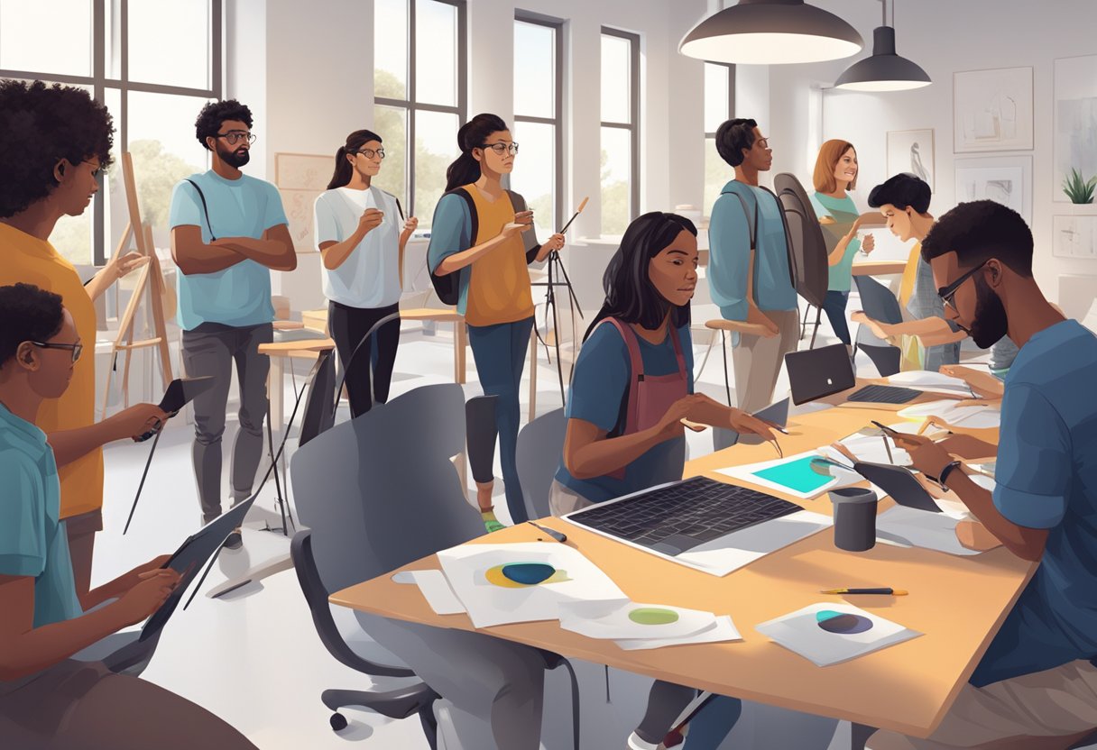 drawing and painting: A diverse group of students experimenting with digital and traditional art tools in a modern studio space